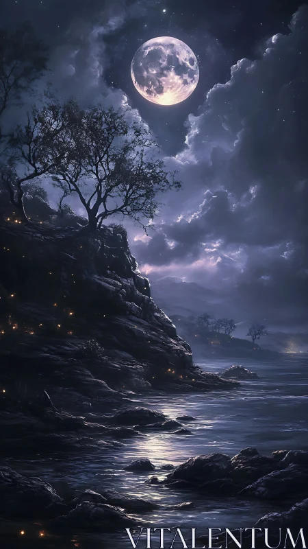 Littoral cliff under volumetric moonlit cumulonimbus sky.