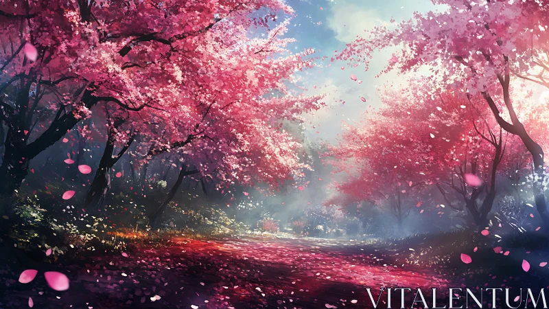 Digital painting of luminous cherry blossom forest path.
