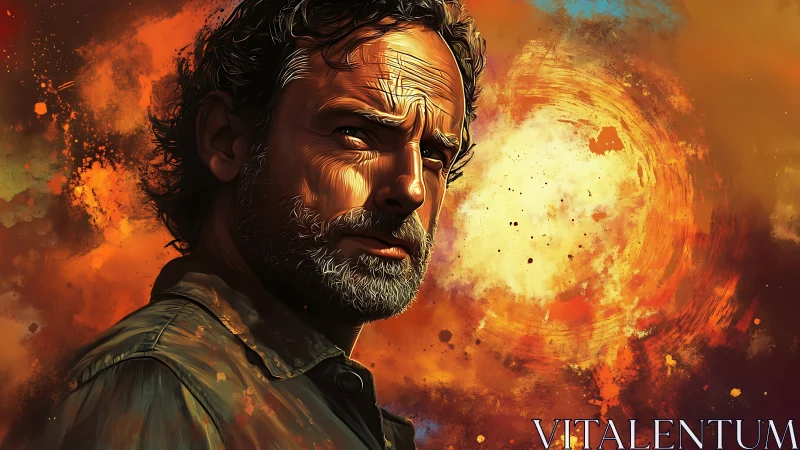 Gritty bearded man portrait against fiery abstract backdrop.