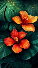 Red Hibiscus Blossoms Against Tropical Foliage.