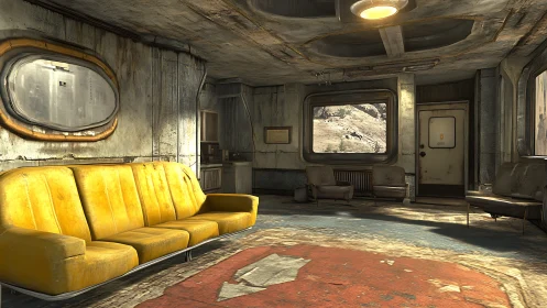 Retro-futuristic post-apocalyptic lounge rendered in 3D realism