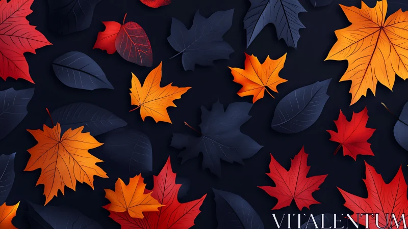 High-contrast digital maple foliage in red, orange, and navy