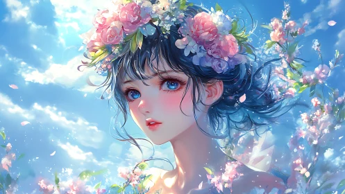Blue eyed anime girl with floral crown in spring sky.