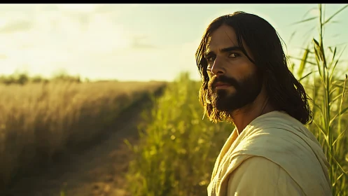 Sunlit robed man walking along rural field path at dusk.