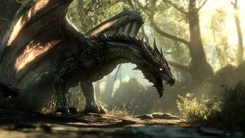 Armored forest dragon stalks sunlit woodland clearing