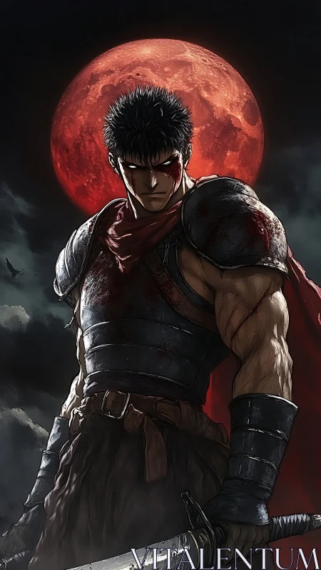 Bloodstained warrior under large red moon at night.