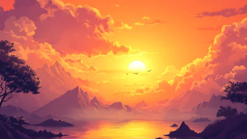 Radiant alpine sunset over tranquil bay in digital painting