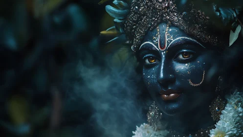 Mystical blue-faced deity glowing in soft forest shadows.