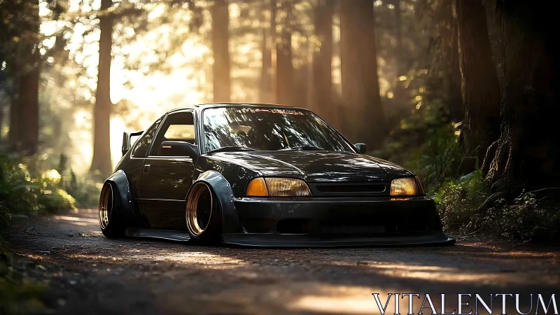 Stanced black hatchback cuts sunlight through forest track.
