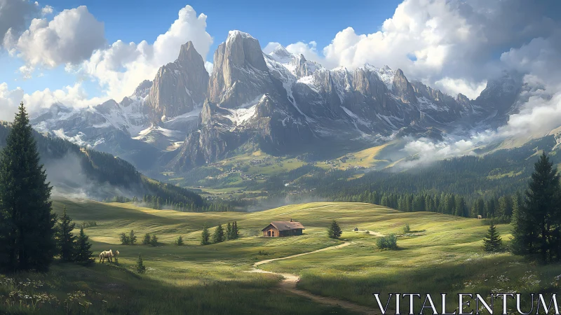 Sunlit alpine meadow beneath towering snowcapped peaks.