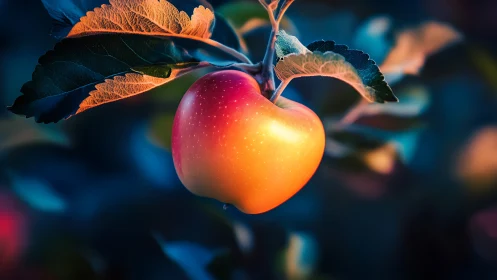 Heart-shaped apple on branch with colorful background.