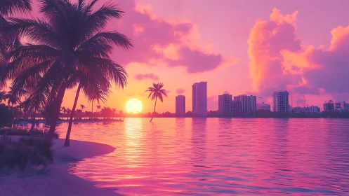 Tropical shoreline and city skyline under saturated sunset light