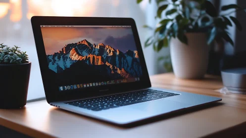 Morning-lit laptop quietly stages a mountain sunrise escape