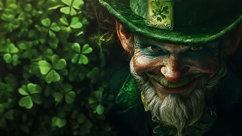 Digital leprechaun portrait with shamrocks occupies frame