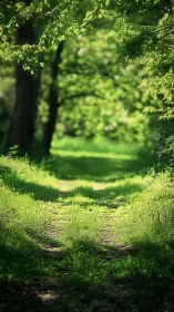 Sunlit forest path winds through emerald canopy