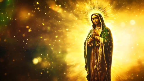 Glowing Marian icon with radiant aureole in golden bokeh field