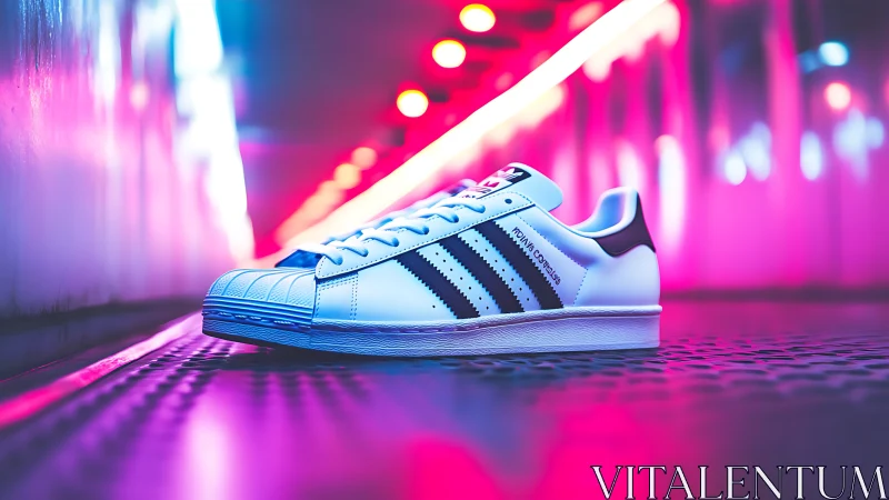 White striped sneaker under neon tunnel glow at night.