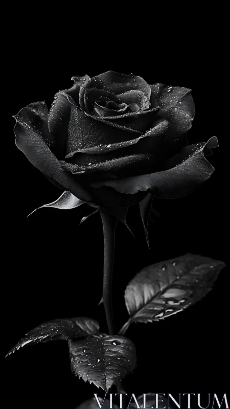 High-contrast monochrome rose macro with specular water droplets