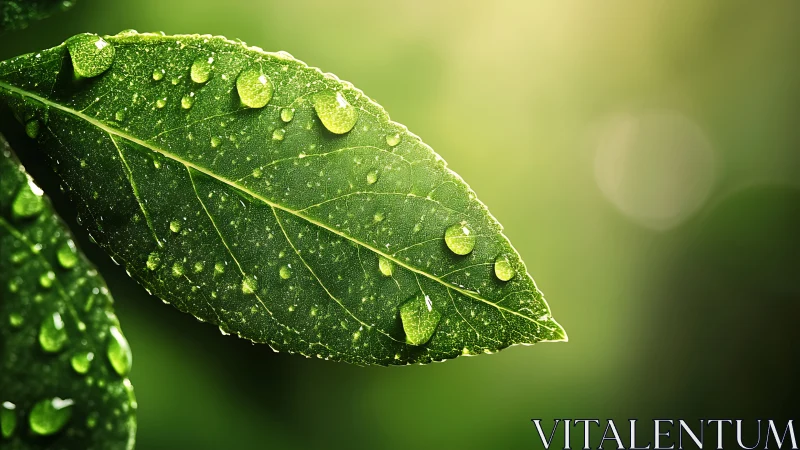 Morning rain jewels sparkle on a sunlit emerald leaf.