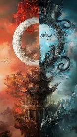 Yin yang sky temple split by elemental fantasy realms.