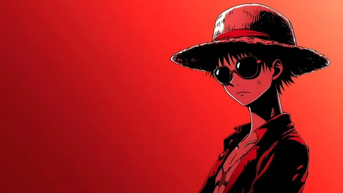 Straw-hatted rebel in sunglasses on searing red horizon.