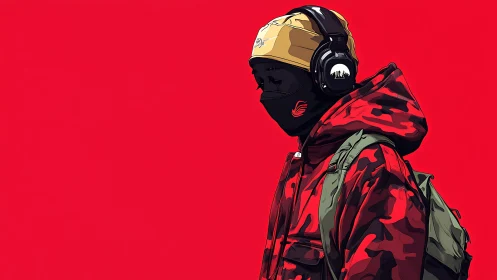 Streetwear figure in red camo hoodie against solid scarlet field