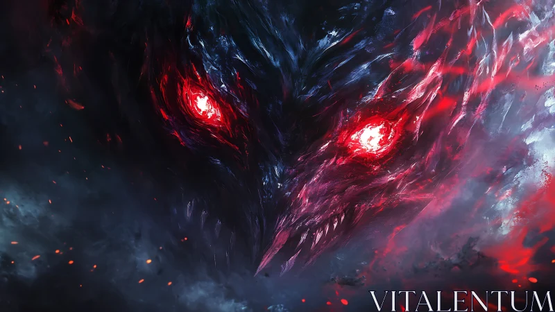 Abstract fiery creature face with glowing red eyes study.