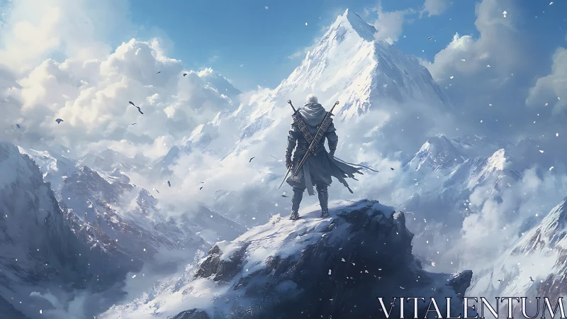 Solitary armored wanderer surveys vast snowbound mountain range
