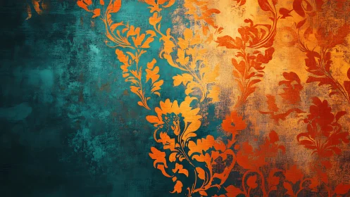 Teal and amber florals swirling across textured canvas.