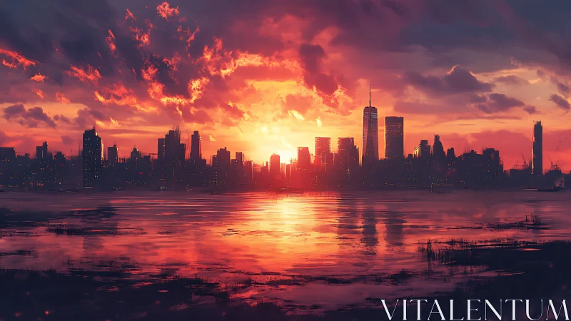 Digital painting skyline at sunset with reflective waterfront emphasis.