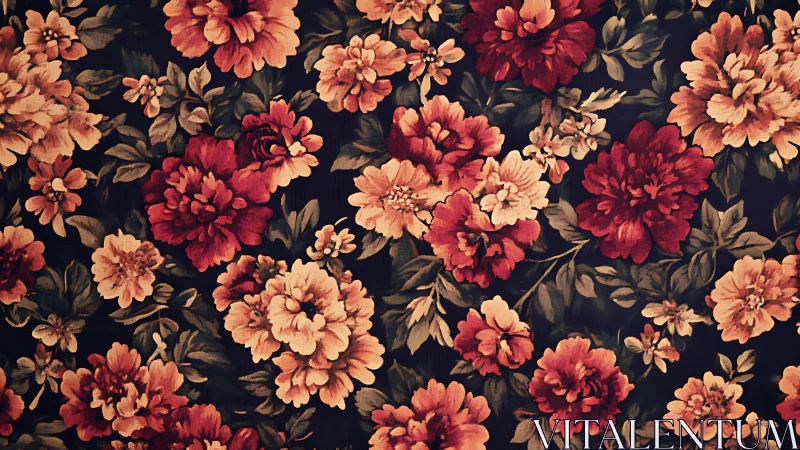Velvet dusk garden wallpaper bursting with vintage blooms.