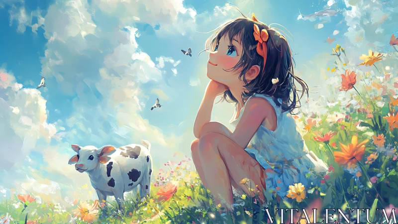 Sunlit girl and calf in painterly spring meadow scene.