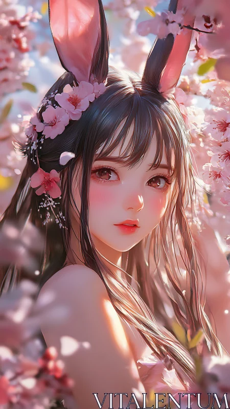 Bunny eared girl among pink cherry blossoms in sunlight.