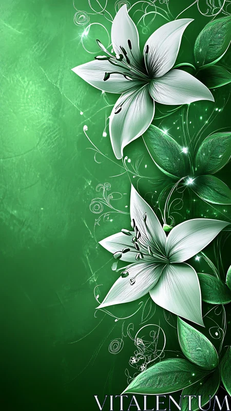 White lilies with green foliage rendered against gradient background.
