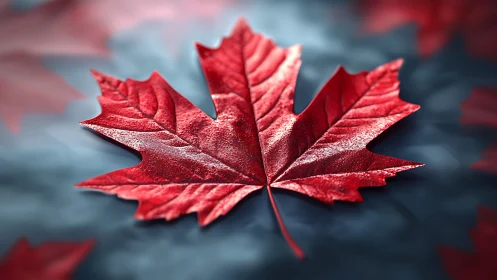 Scarlet maple leaf glows like polished glass on cool mist
