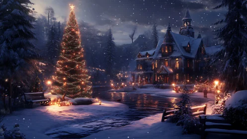 Snow covered estate with illuminated Christmas tree at night