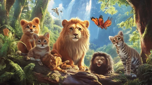 Fantasy Forest Family: Lion with Cubs and Wildlife.