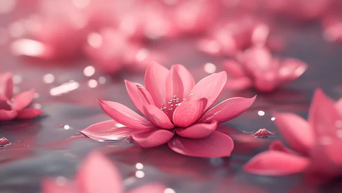 Pink lotus flower rendered in 3D with water surface reflections and bokeh elements