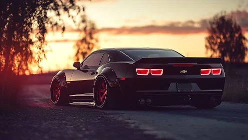 Widebody black muscle car with red wheels at sunset roadside
