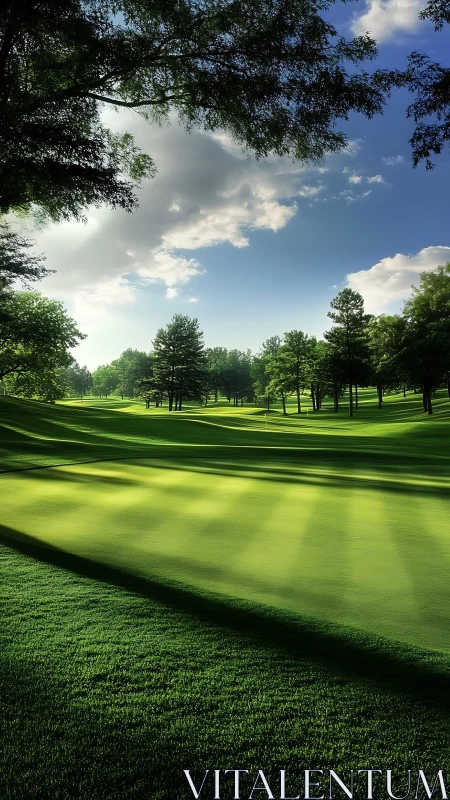 Sunlit golf course fairway extends beneath scattered clouds