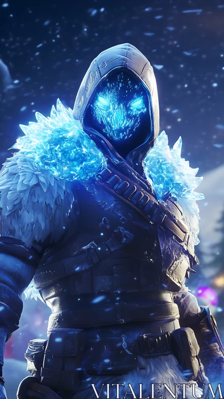 Armored frost assassin rendered with emissive icy crystalline shaders