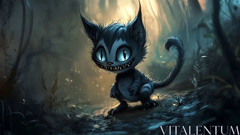 Sinister forest cat grins under cold backlit mist.