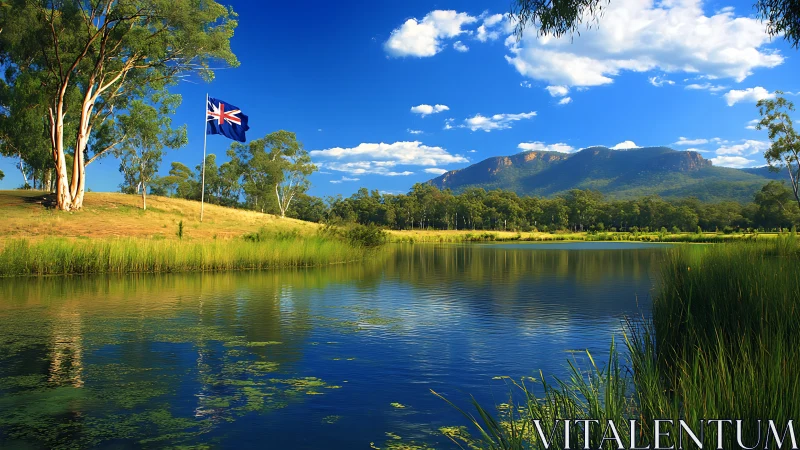Australian lakeside landscape under vivid blue sky panorama.