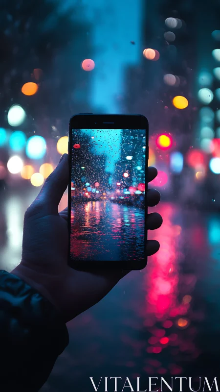 Smartphone captures rainy neon city street at night scene.