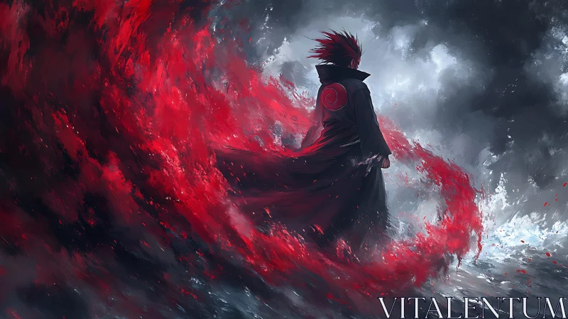 Red energy vortex surrounding cloaked warrior in storm landscape