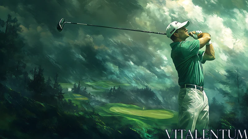 Golfer following through swing on dramatic green course.