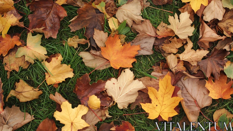 Dry autumn maple leaves scattered across green grass.