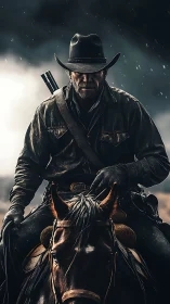 Weathered cowboy rides forward through storm rainlight.