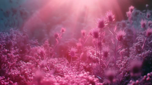 Iridescent pink wildflowers glow under soft ethereal light