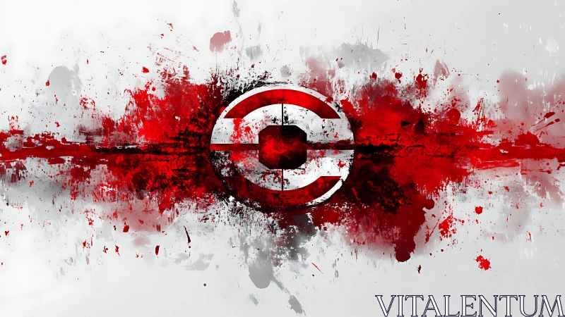 Circular crest shatters outward in a storm of red paint